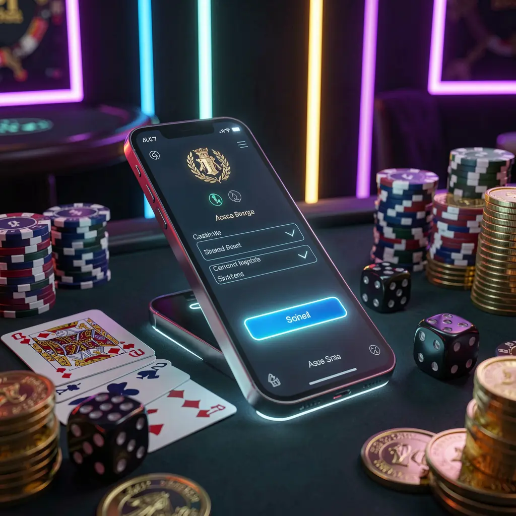 Renderização 3D realista de um smartphone brilhante sobre uma mesa de cassino com cartas, fichas, dados e moedas de ouro ao redor, apresentando um elegante fundo escuro com destaques em néon, representando uma cena de início de sessão na conta do cassino 55KKK