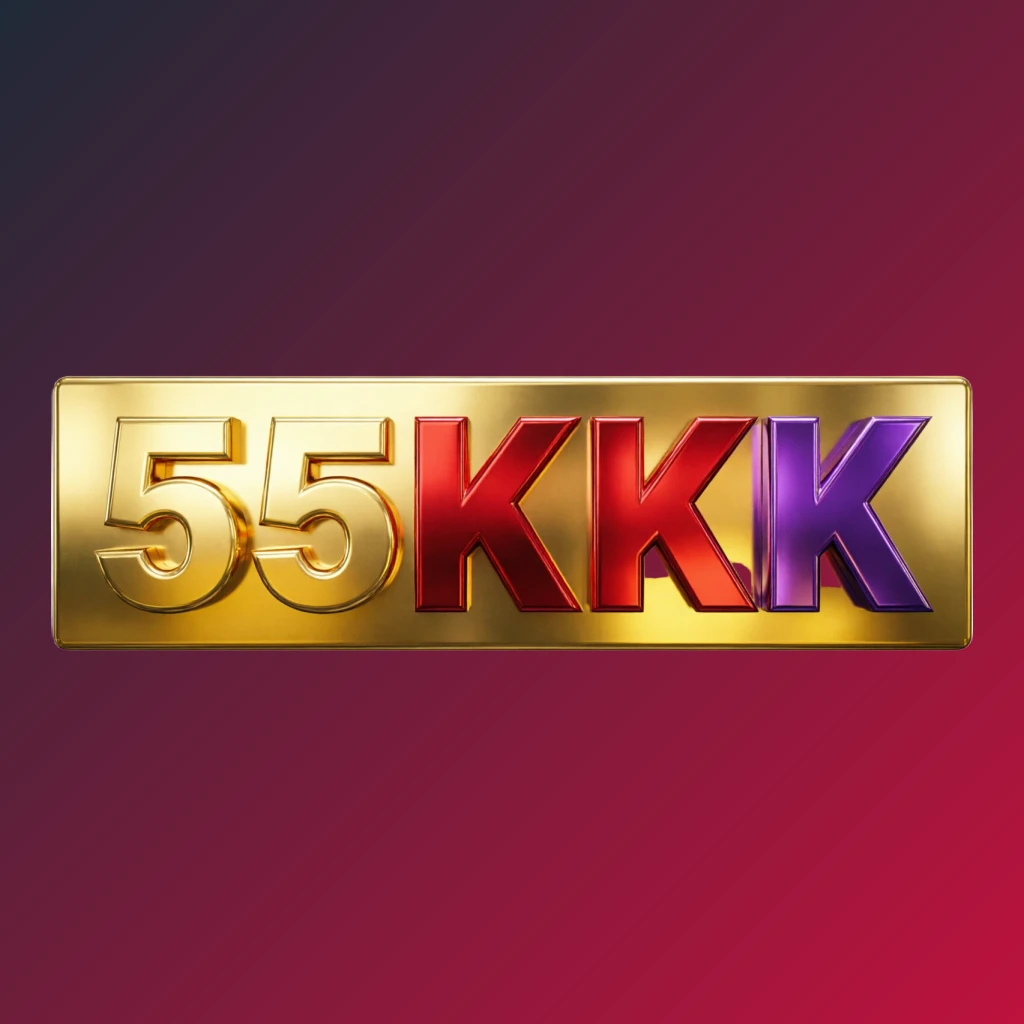Logotipo 55KKK premium brilhante com tipografia maiúscula espessa em cores vivas dourado, vermelho e roxo, acabamento metálico polido, forte impacto visual, marca nominativa retangular horizontal em fundo transparente